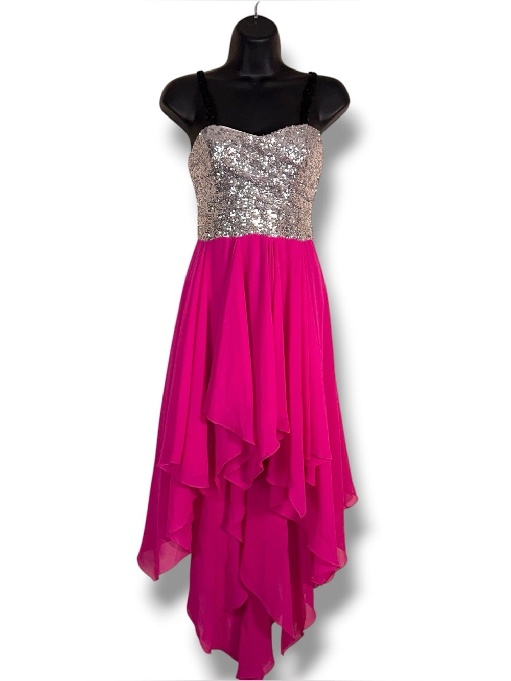 Y2K Era Size 5 6 B Darlin Prom Dress Flowy Strapless Fuchsia Pink Silver Sequins
